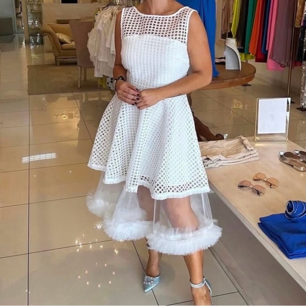 White Mesh A-Line Dress with Tulle Trim